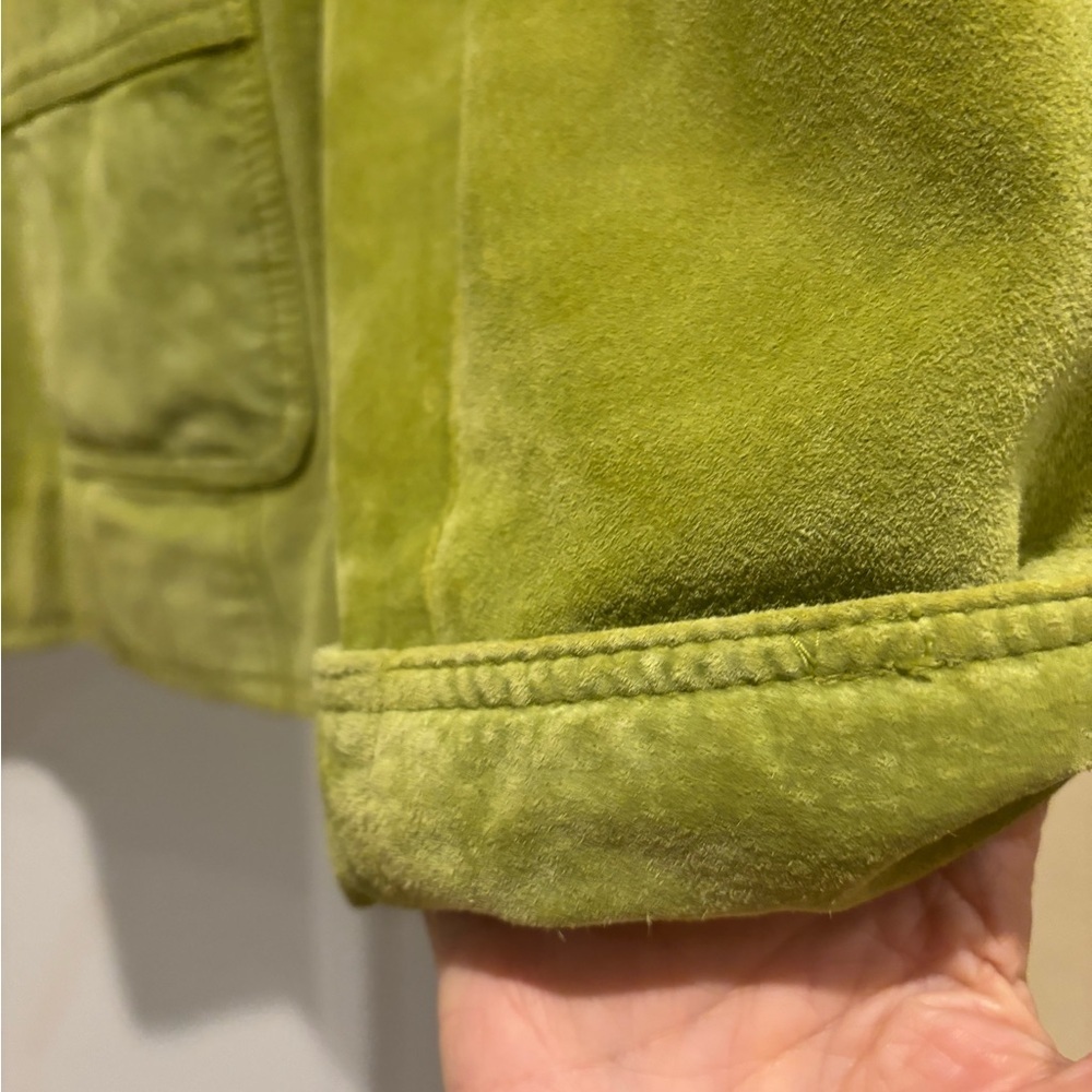 DAVID BROOKS LG AVOCADO GREEN SUEDE SHORT JACKET GOLD SNAPS ROLL UP CUFFS LINED - Picture 6 of 15